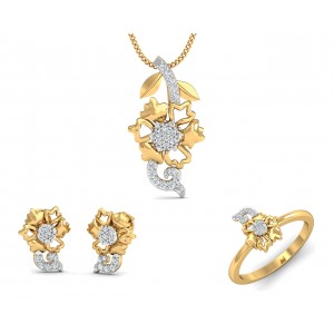 Flora designer diamond pendant, ring & earring set in 14k hallmarked gold