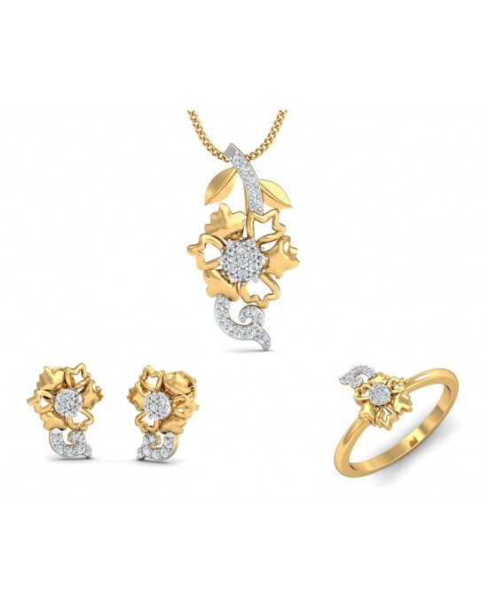 Flora designer diamond pendant, ring & earring set in 14k hallmarked gold