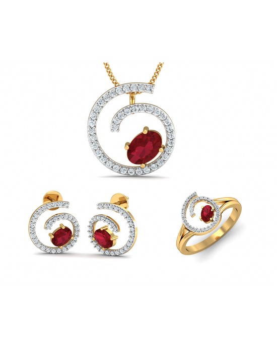 Verica ruby Pendant, Earring & Ring Set in Gold with diamonds