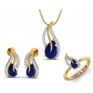 Sary Blue sapphire & diamond pendant, ring & earring set in gold