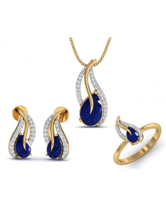 Sary Blue sapphire & diamond pendant, ring & earring set in gold