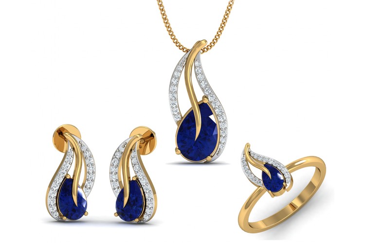 Sary Blue Sapphire Diamond Pendant Ring Earring Set In Gold