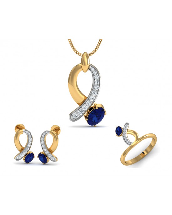 Rami Blue Sapphire & Diamond Pendant, Ring & Earring set in Gold