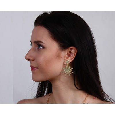 Paige Designer Star earrings front & suspended from lobe in 18k gold with diamonds
