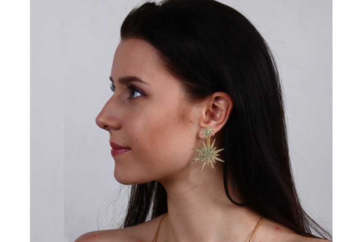 Paige Designer Star earrings front & suspended from lobe in 18k gold with diamonds