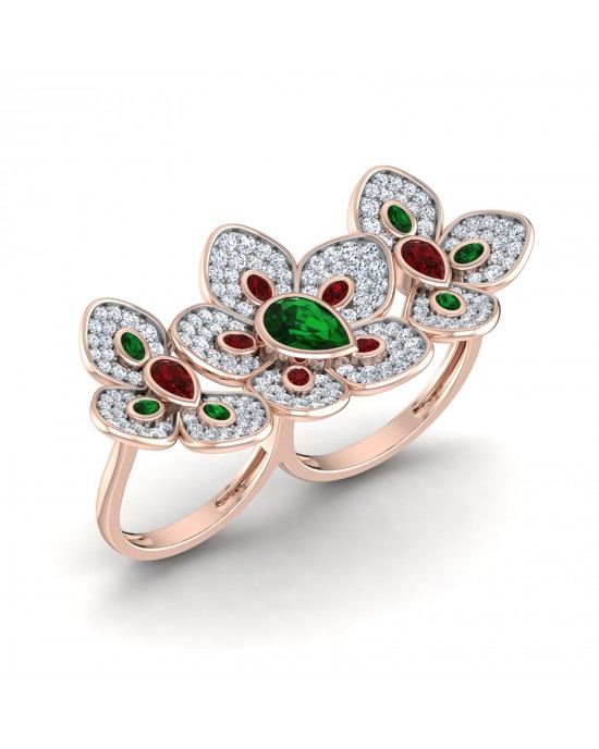 Remy Double finger Ring in Gold with diamonds, ruby & emerald