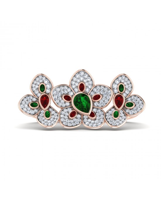 Remy Double finger Ring in Gold with diamonds, ruby & emerald