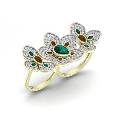Remy Double finger Ring in Gold with diamonds, ruby & emerald