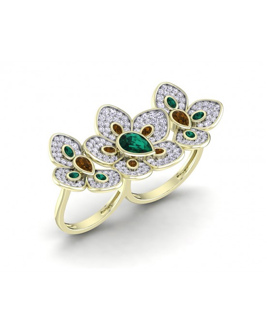 Remy Double finger Ring in Gold with diamonds, ruby & emerald