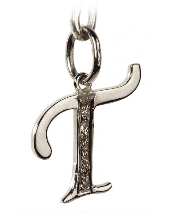 Alphabet T with diamonds in silver pendant