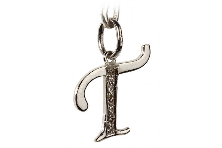 Alphabet T with diamonds in silver pendant