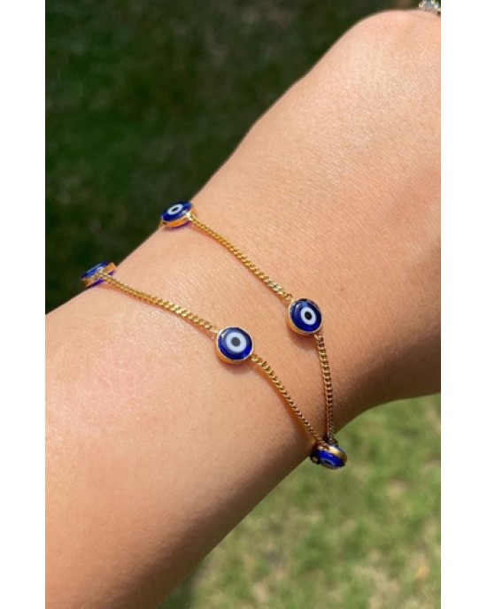 Evil Eye Bracelet On Double Gold Chain in 18k gold