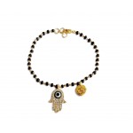 Evil Eye on Fatima’s hand with Om on mangalsutra chain in gold