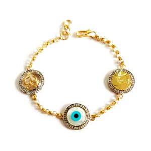 Auspicious Om, Evil Eye and Guruji Bracelet in gold with diamonds