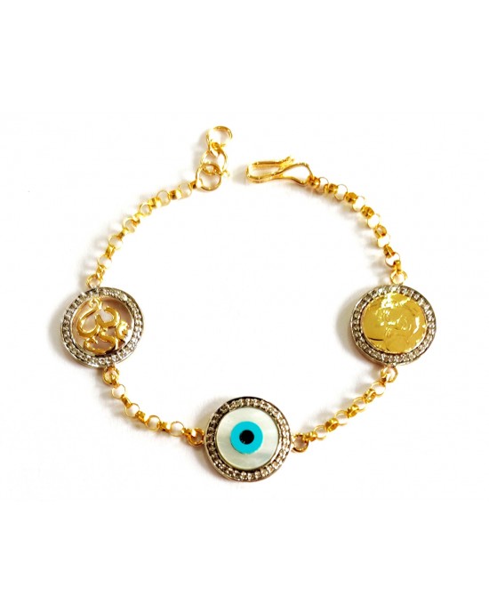 Auspicious Om, Evil Eye and Guruji Bracelet in gold with diamonds