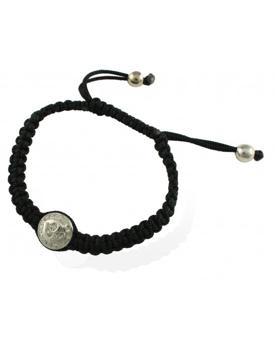 Om Button Bracelet In 925 Silver on Size Adjustable Braided Nylon Thread