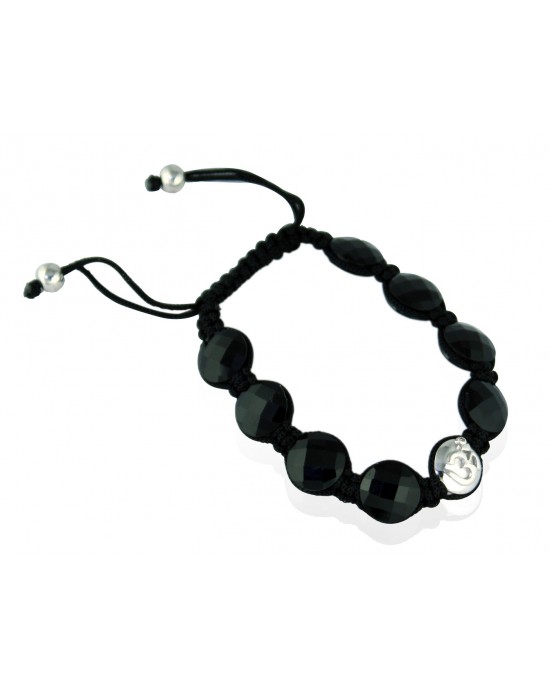 Om Bracelets In Silver with Black Onyx on Size Adjustable Nylon Thread